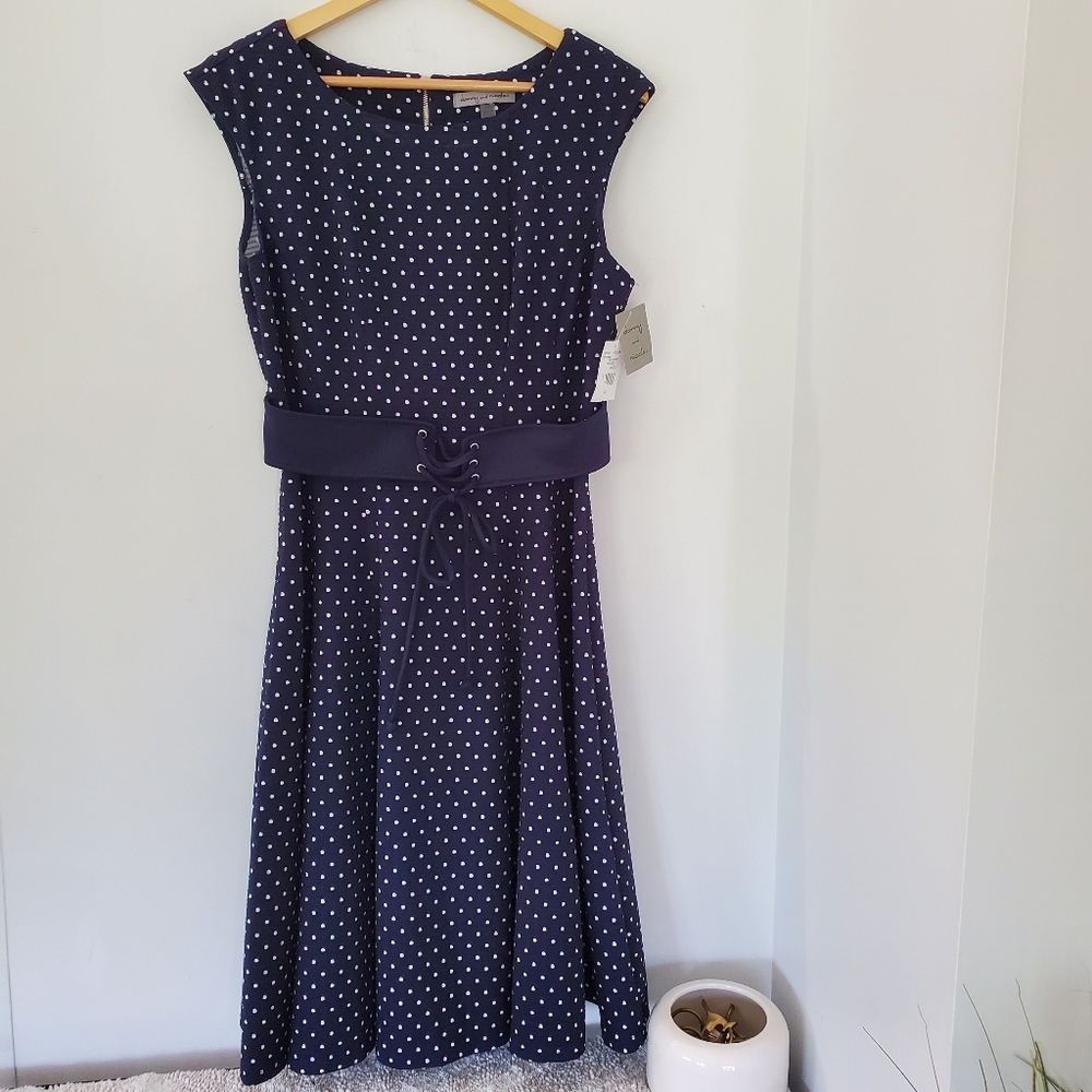 Fit & Flare Dress Navy w/Ivory Polka Dots Lace Up Belt 12 NWT DANNY & NICOLE